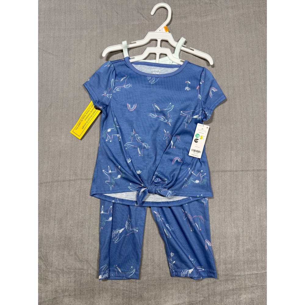 Carter's 3-pc Pajama Set Girls 3T Blue White Unicorn Print Cotton Front Knotted